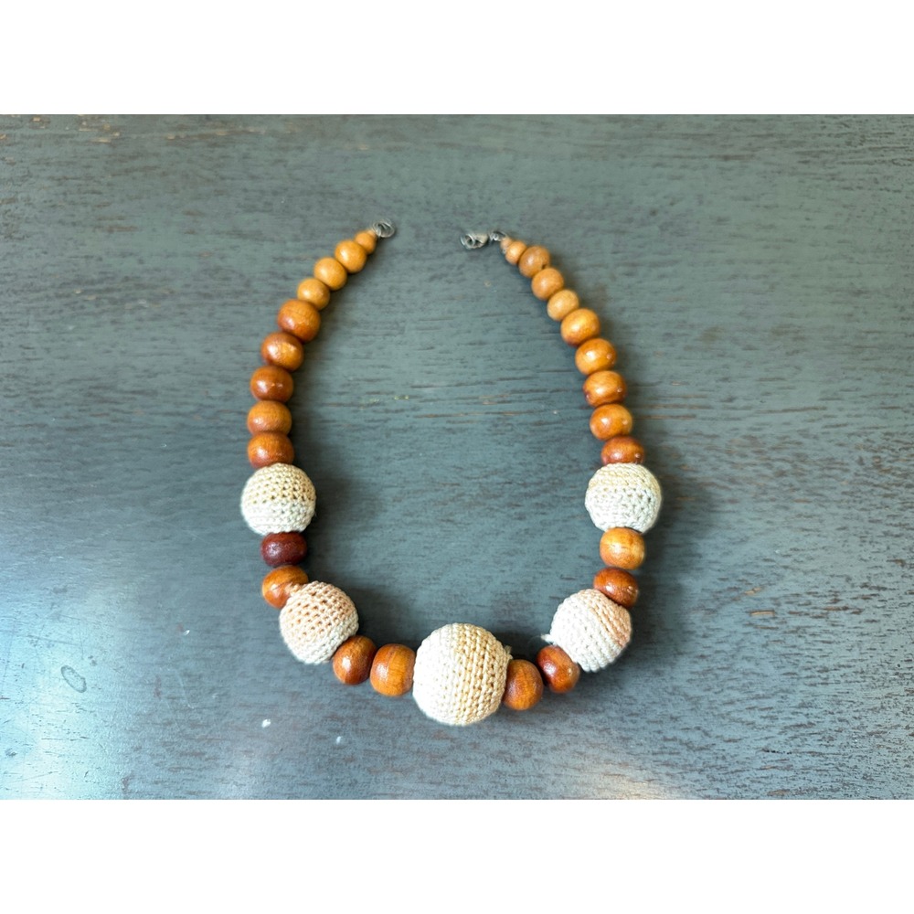Vintage Boho Chunky Wood Bead Crochet Wrapped Statement Necklace Brown Cream 17"